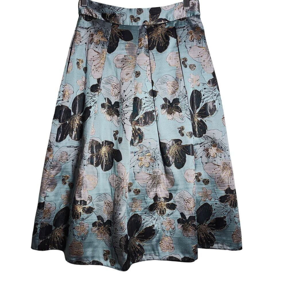 Nissa Aqua Metallic Print Taffeta A-line Midi Skirt Size 6